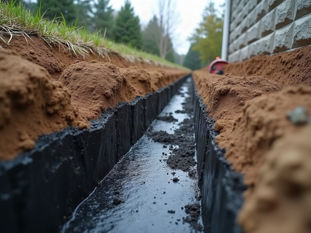 Excavated foundation wall in Brookfield being sealed with exterior waterproofing membrane