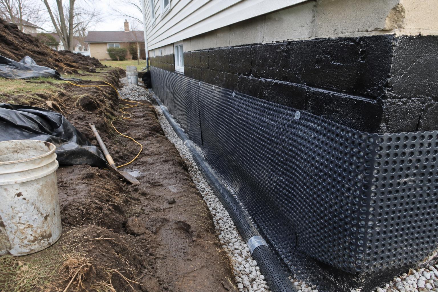 Open excavation beside a concrete block foundation wall in Dousman showing a black dimpled drainage membrane applied over fresh waterproofing coating down to the footing.