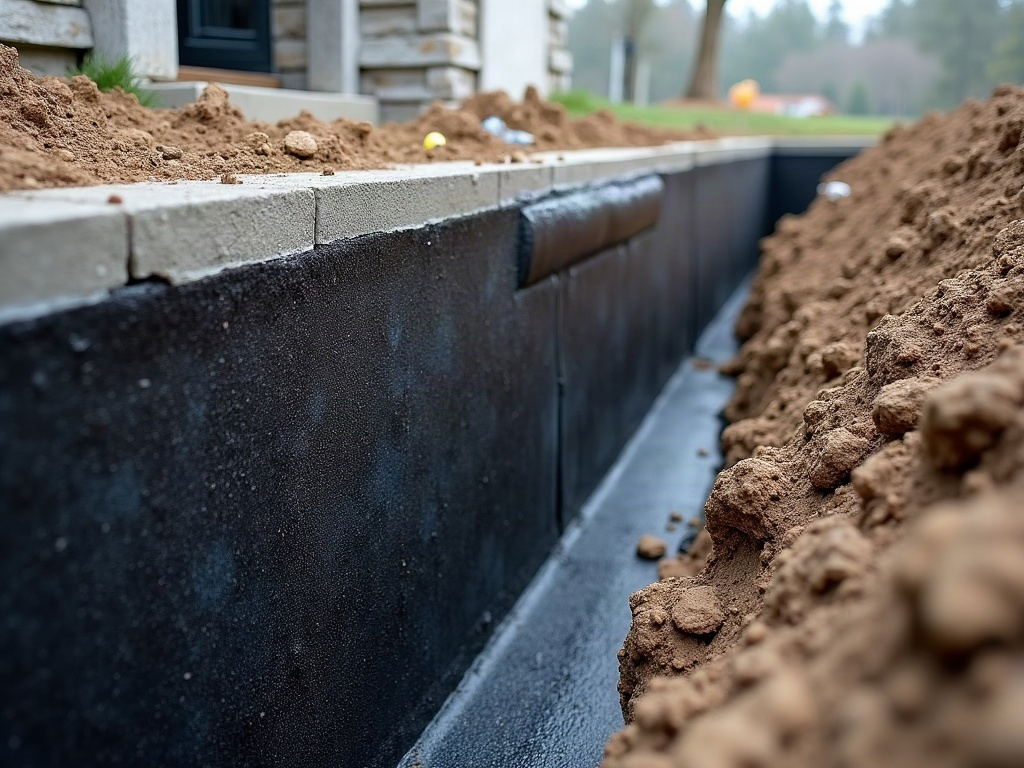 Excavated foundation wall during exterior waterproofing at an Elm Grove home