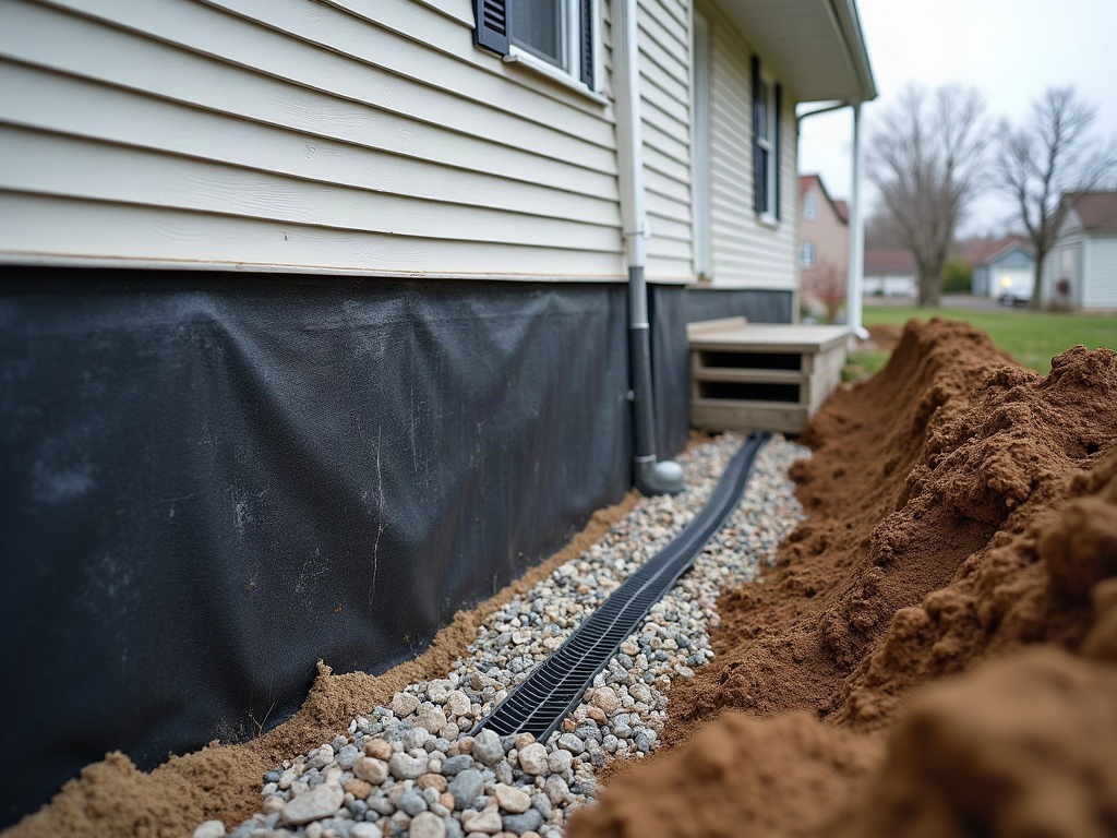 Excavated foundation wall in Greenfield WI with waterproofing membrane and drainage board being installed