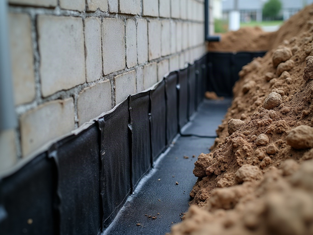 Excavated foundation wall in Muskego during exterior waterproofing with new drainage board and membrane