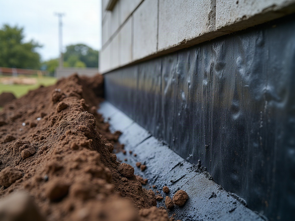Excavated foundation wall in New Berlin being sealed and waterproofed from the outside