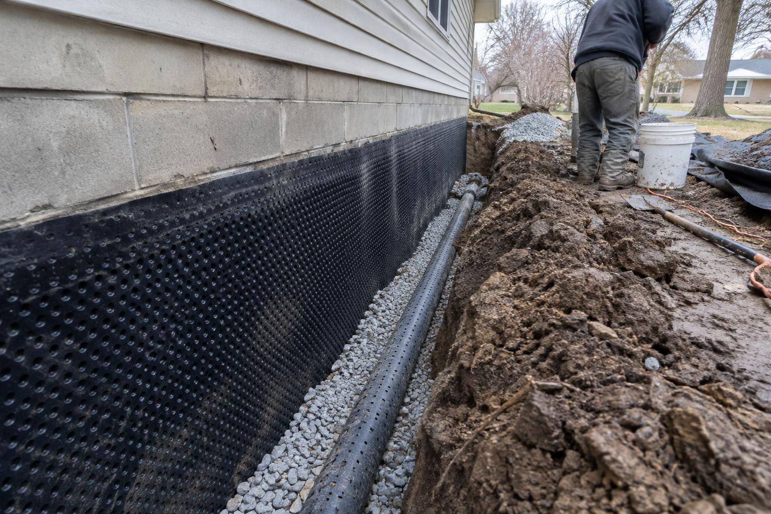 Open excavation trench along an exposed block foundation wall in Oak Creek, with a black dimple membrane applied to the lower wall and clean gravel staged beside a perforated drain pipe at the footing.