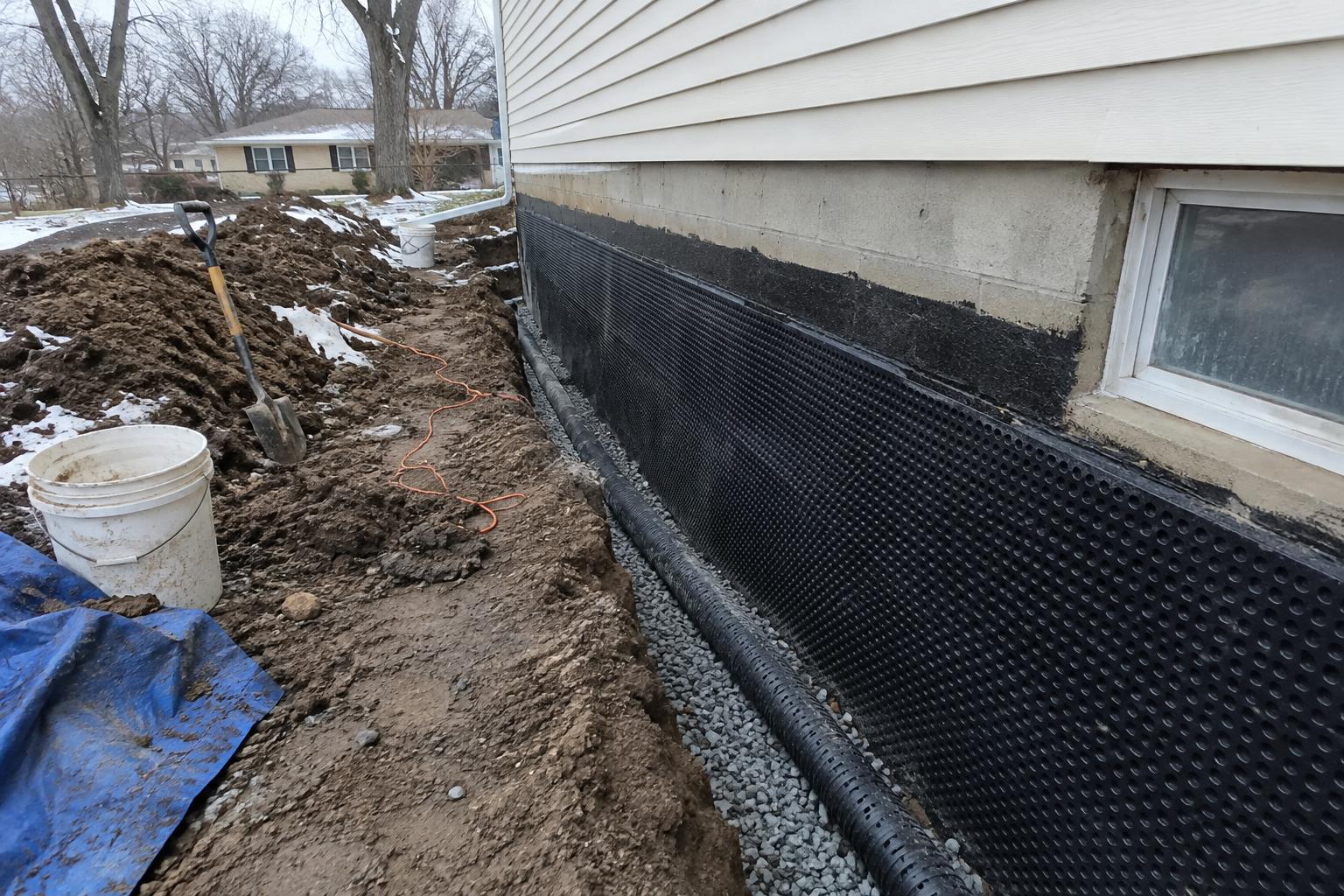 Open excavation trench against a Saint Francis block foundation wall with a black dimple board membrane applied and a perforated drain pipe set in gravel at the footing.