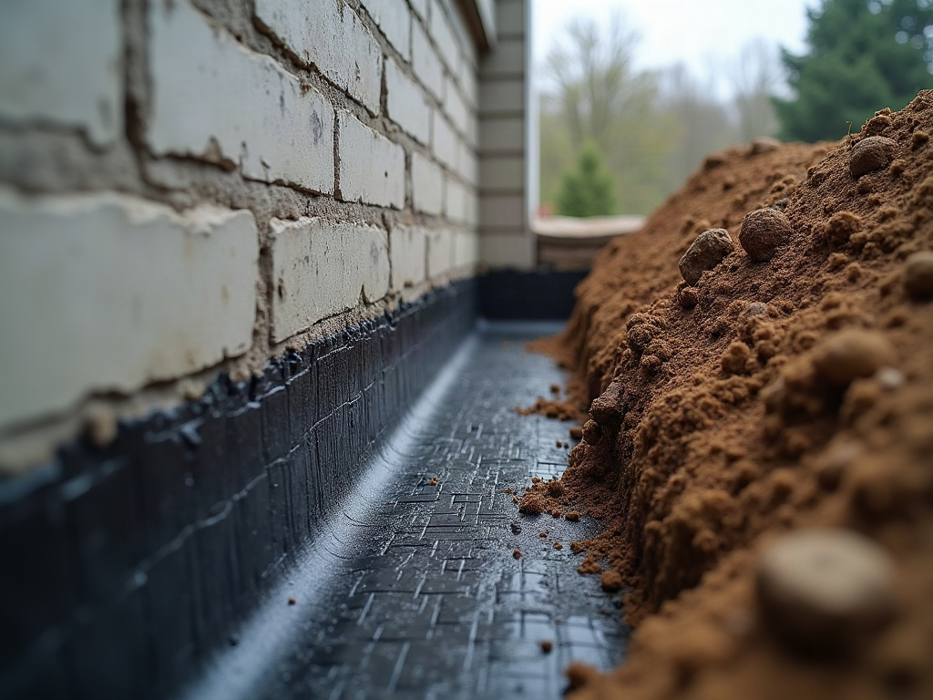 Excavated foundation wall in Wauwatosa during exterior waterproofing with new membrane applied