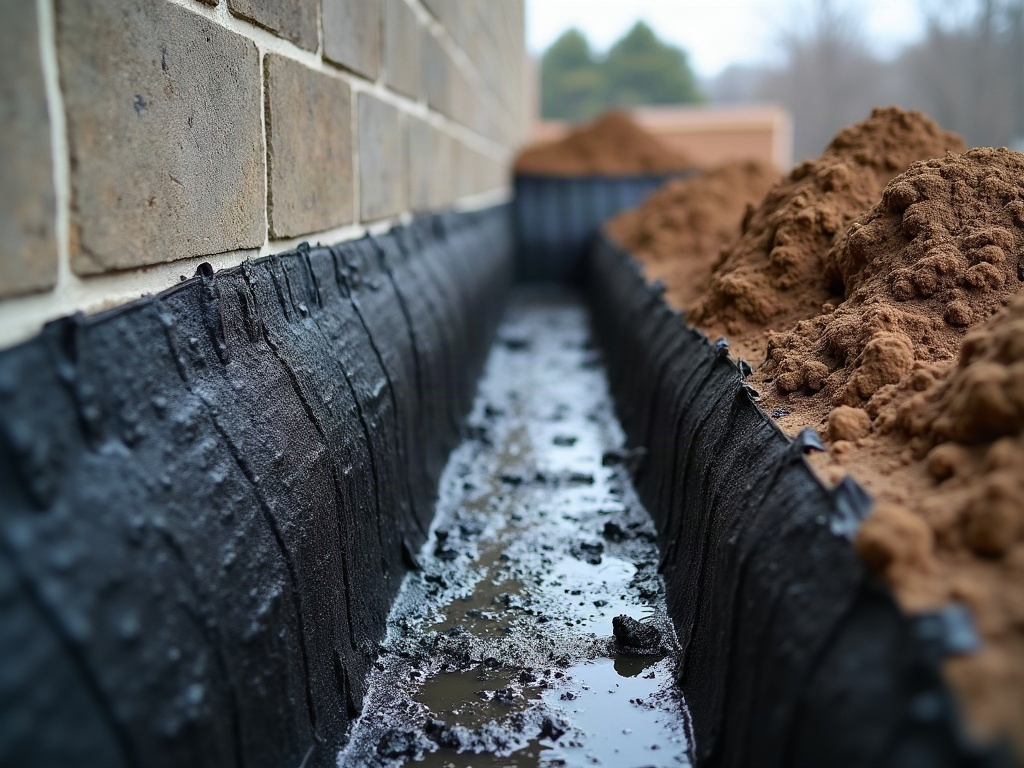 Excavated foundation wall during exterior waterproofing at a West Allis home