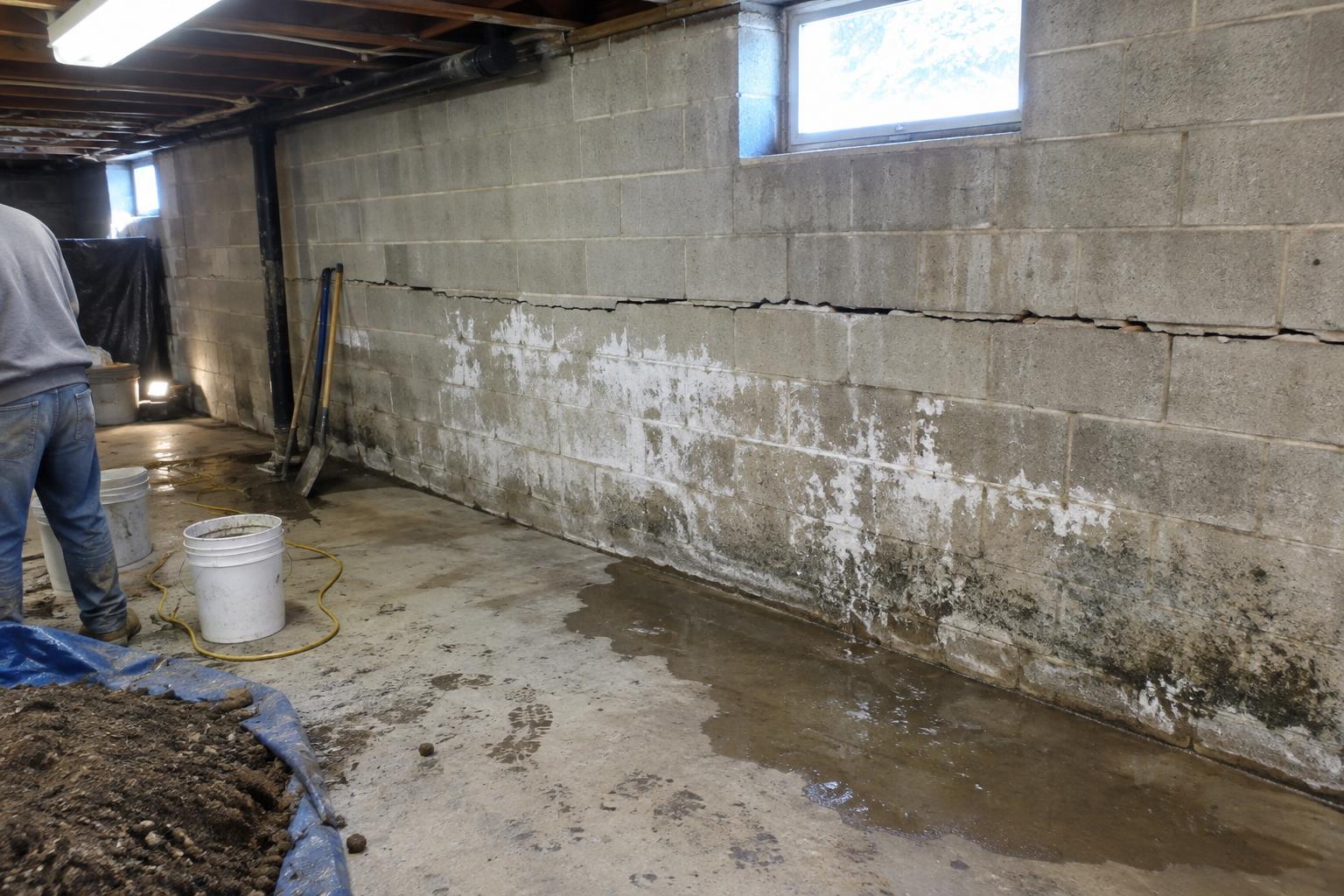 A poured concrete basement wall with a long horizontal crack across the middle, white efflorescence staining the block below it, and a damp patch on the floor near the base.